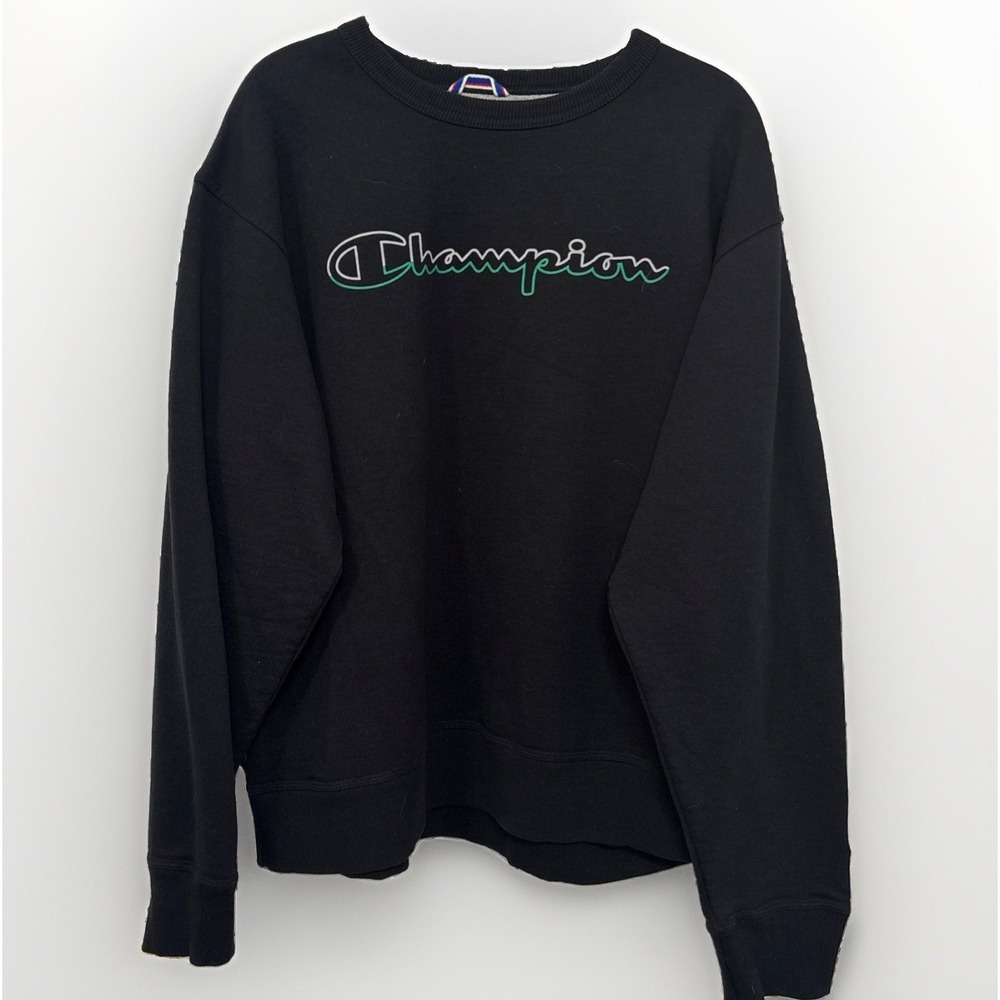 Champion Men's Crew Sweatshirt Black Sz L Green White Spellout GF88H
